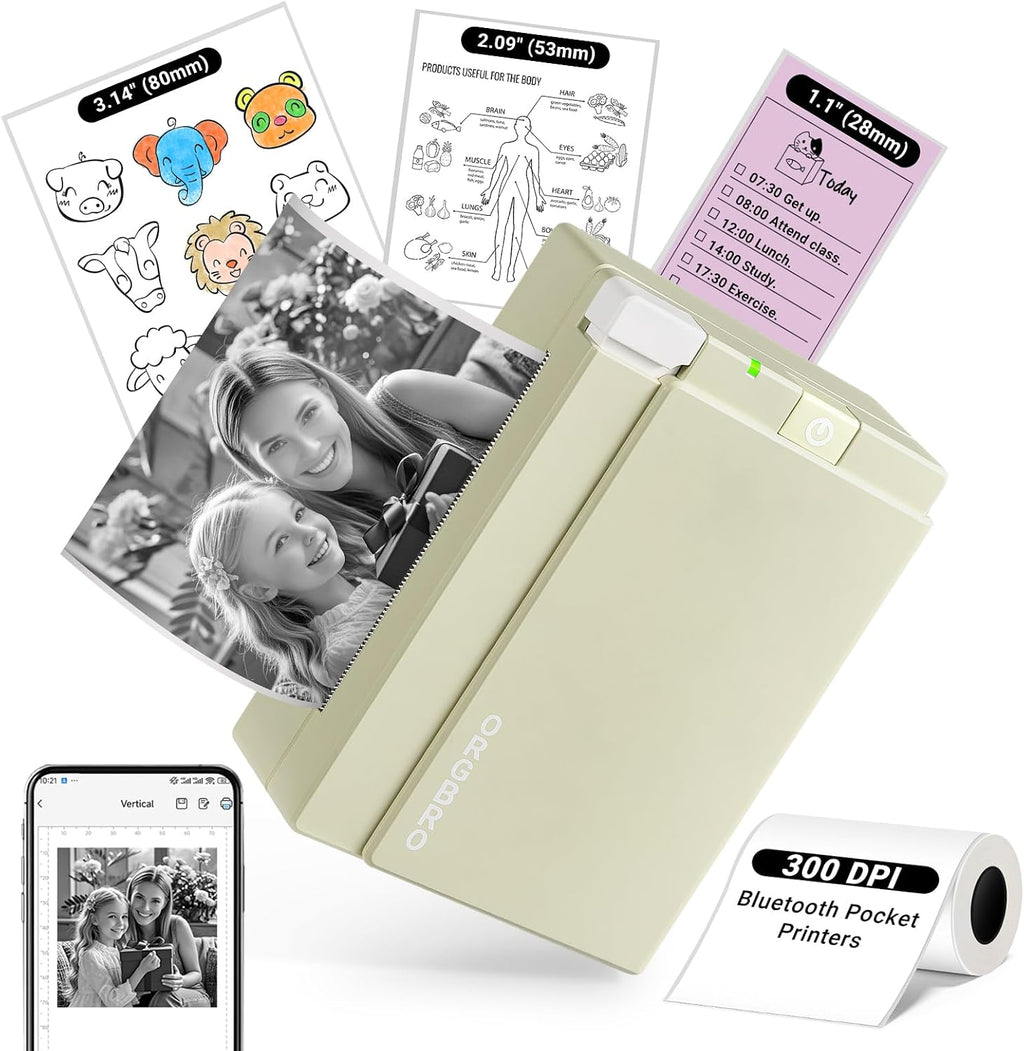 Impresora de pegatinas ORGBRO, mini impresora X3, cápsulas de impresión térmicas portátiles sin tinta, impresoras de bolsillo Bluetooth de 2-3 pulgadas y 300 ppp para smartphones, notas, diarios, fotos, manualidades, regalo para niños