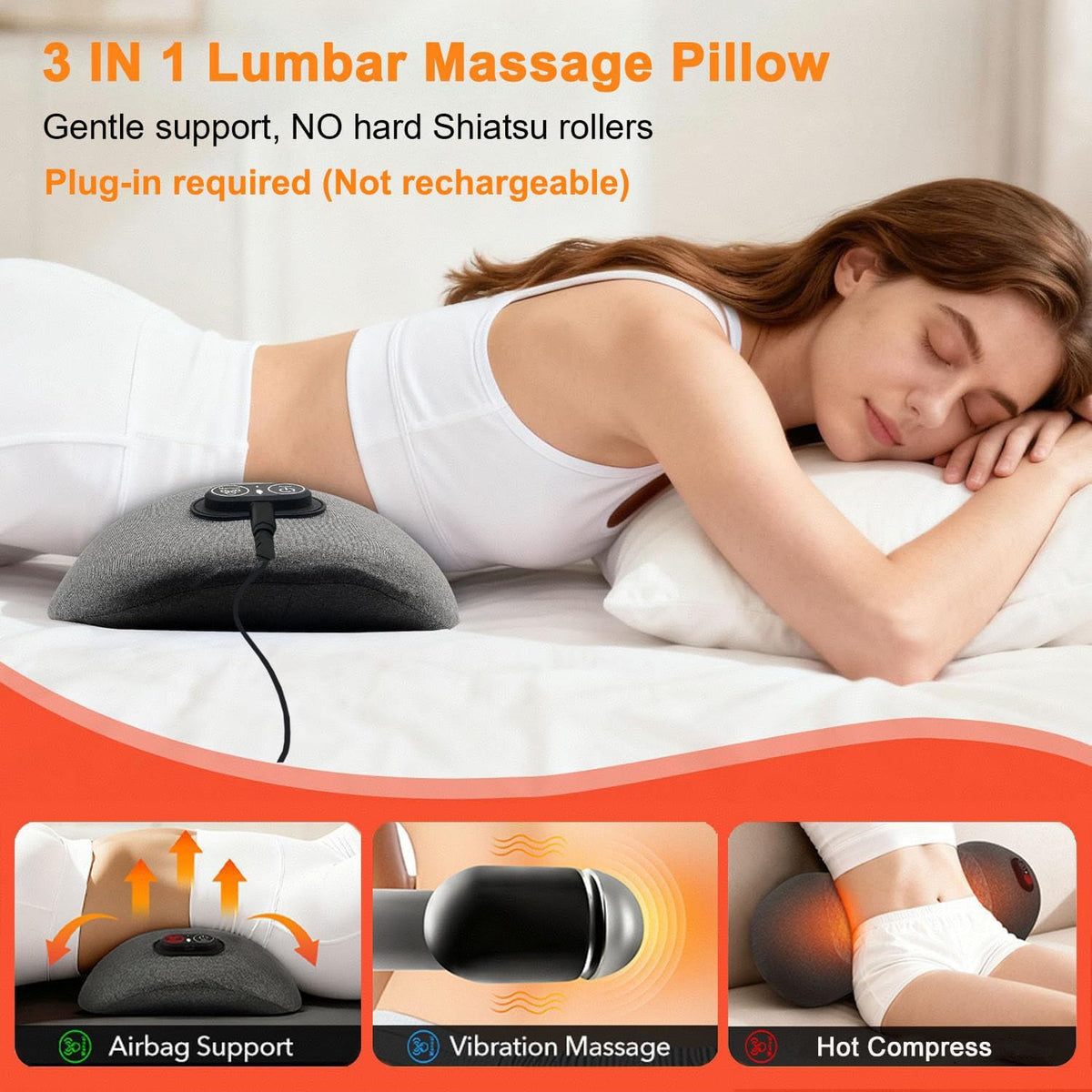 Almohada eléctrica de apoyo lumbar 3 en 1 y masajeador de espalda con calor y vibración, suave cojín de estiramiento de la espalda baja para relajación muscular y alivio de fatiga para cama