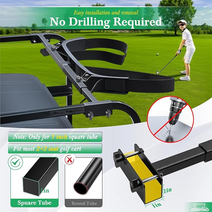Soporte de bolsa de carrito de golf mejorado, soporte ajustable para bolsa de carrito de golf para 2+2 asientos traseros con tubo cuadrado de 1 pulgada