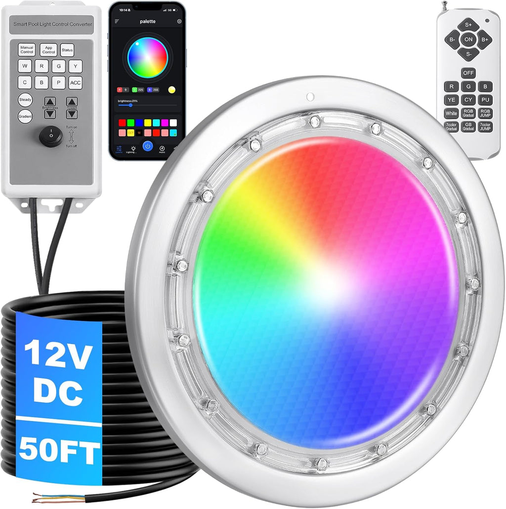 Luces LED para Piscina FixOasis 60W 25cm – 12V, Cable 15m, Control Remoto y App, IP68