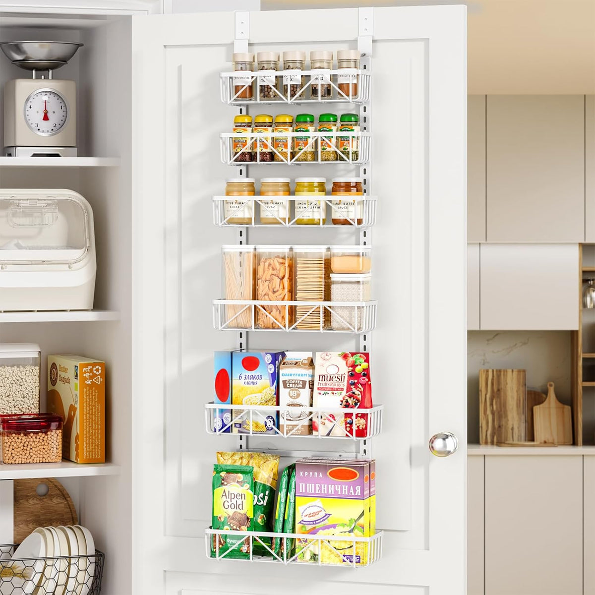 Organizador Delamu Blanco Angosto de 6 Niveles para Puerta | Especiero Metalico Colgante Ajustable | Organizador de Gabinete para Cocina, Bano y Lavanderia | 12.5 pulgadas