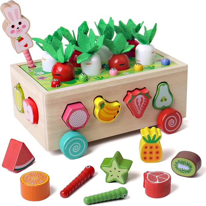 Montessori multifunción huerto Juguete Carro Juguetes educativos de Madera 3 años niños y niñas Montessori tamaño clasificación y conteo Juego de Puzzle Zanahoria Cosecha Desarrollo Regalos