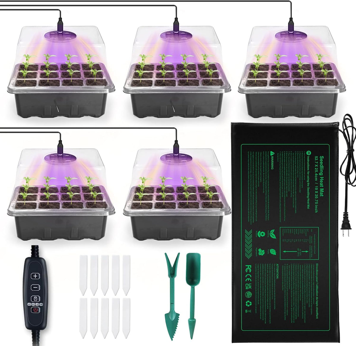 Kit NAMOTEK de Germinación de 60 Celdas, 5 Bandejas con Manta Térmica