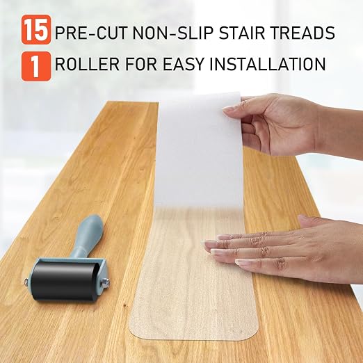 Tiras Antideslizantes para Escaleras 6"x24" Transparentes | Pack 15 Unidades Pre-Cortadas | Interior y Exterior | Seguras para Adultos Mayores, Niños y Mascotas