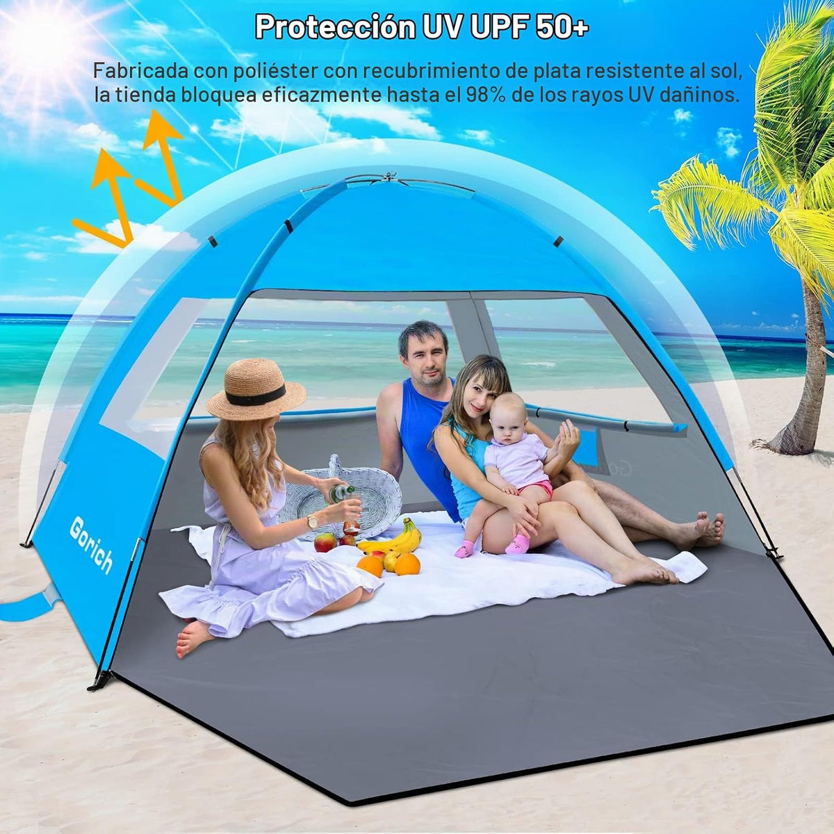 Gorich Tienda de campaña de playa, tienda de campaña para 4 a 5 personas con protección UV UPF 50+, tienda de playa portátil, toldo de refugio solar, ligera y fácil de instalar, tienda de campaña de playa, color azul