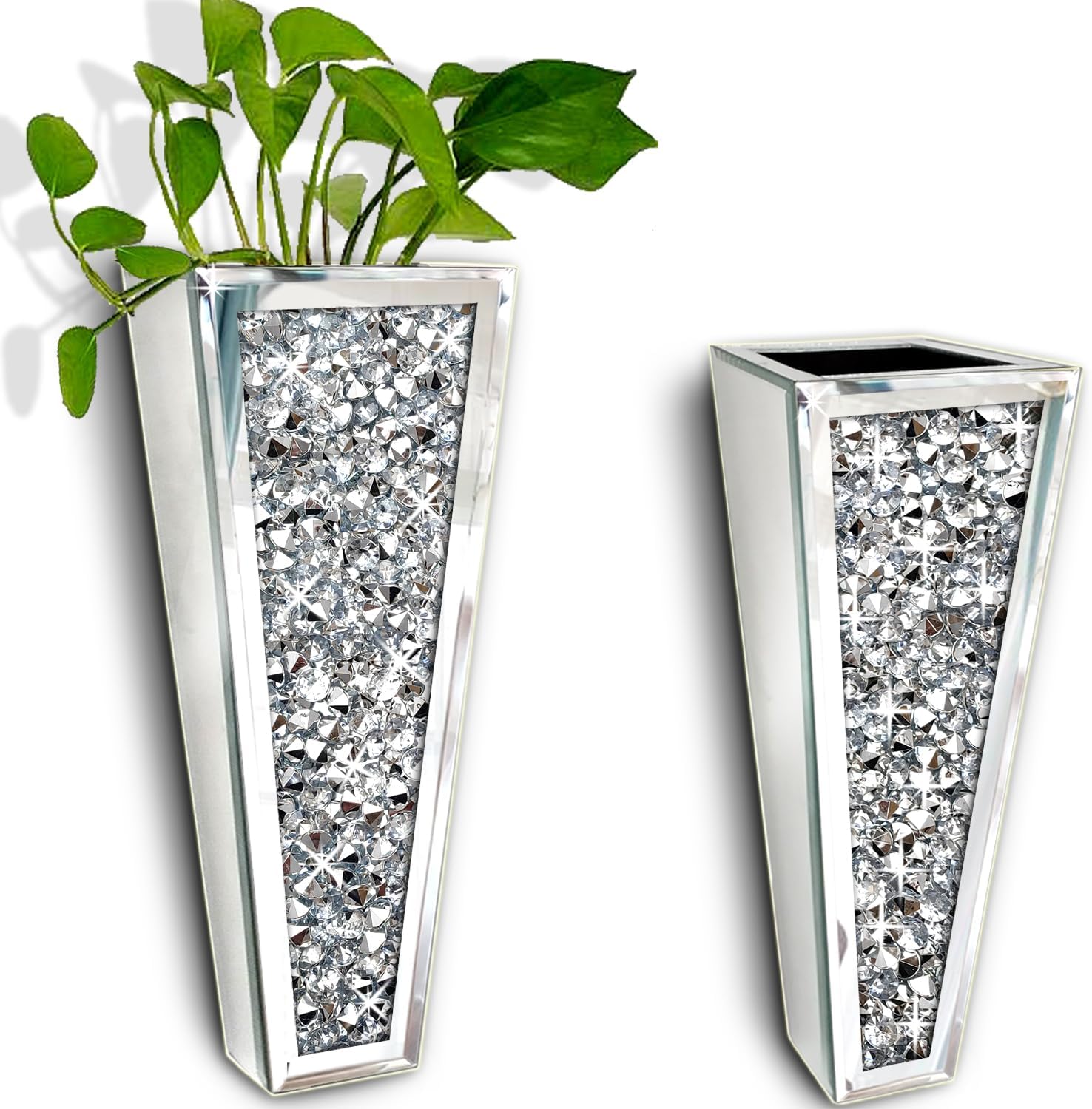 Diamond Mirrored Hanging Planter Vase Set of 2 - Crushed Crystal Mirror Geometric Design - Silver Luxury Decor - Holds Water - For Home, Office, Bathroom - Faux & Real Plants