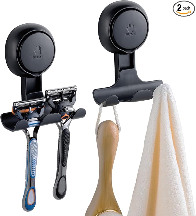 TAILI Soporte para maquinilla de afeitar con ventosa para ducha, paquete de 2, toalla, lufa, soporte para pared de ducha, potentes ganchos de ventosa para baño interior, fácil de instalar y reutilizar