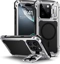 Funda metálica Lanhiem para iPhone 16 Pro Max con cubierta para cámara y soporte [Compatible con MagSafe] [Soporte integrado] [Protección de grado militar] Funda magnética resistente de alta resistencia (Plata)
