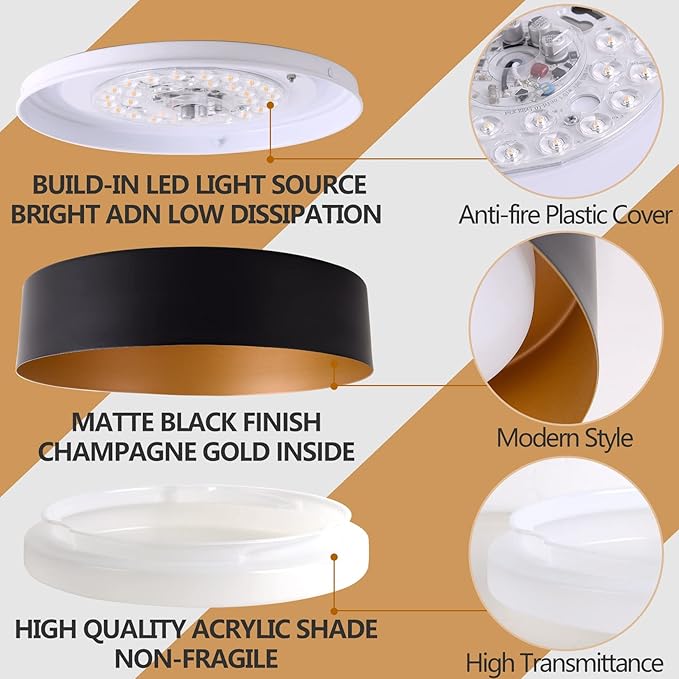 Bargeni – Lámpara LED de Techo Empotrada 12.5" | Negro Mate con Interior Dorado | 18W (Equiv. 100W) | Luz Cálida 3000K | Regulable | Para Dormitorio y Pasillo