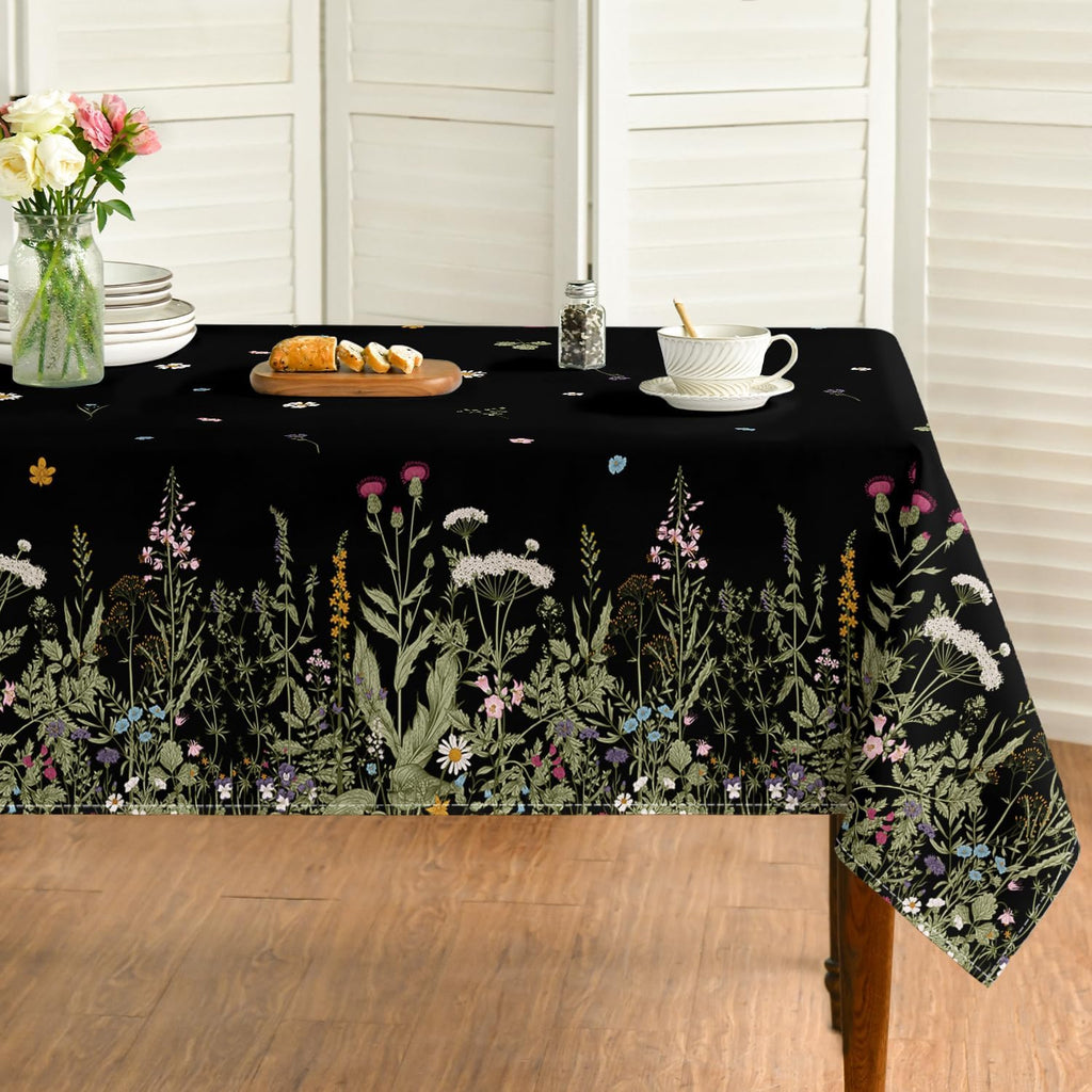 Mantel Horaldaily Spring rectangular de 60 x 104 pulgadas, negro con margaritas silvestres, lavable, ideal para fiestas, picnics y cenas.