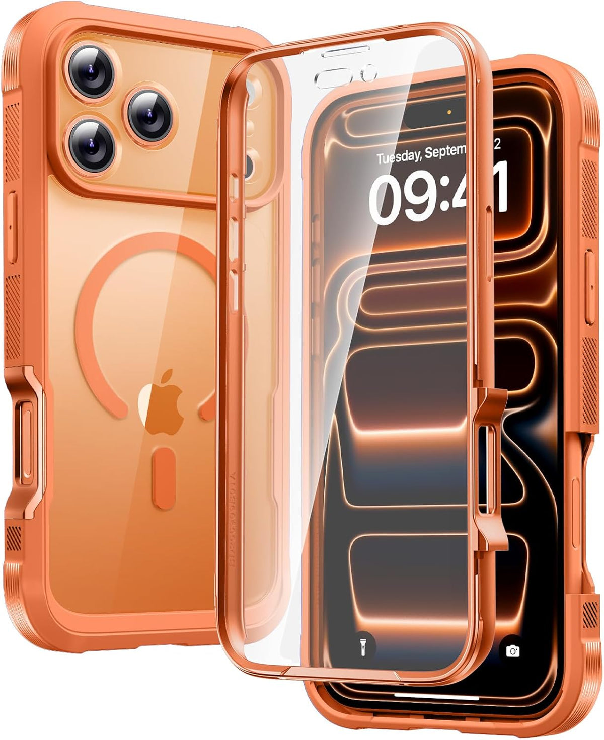 Funda Magnética Diaclara para iPhone 17 Pro Max | Cuerpo Completo con Parachoques | Compatible con MagSafe | Grado Militar contra Caídas | Protector de Pantalla Táctil Integrado | Naranja
