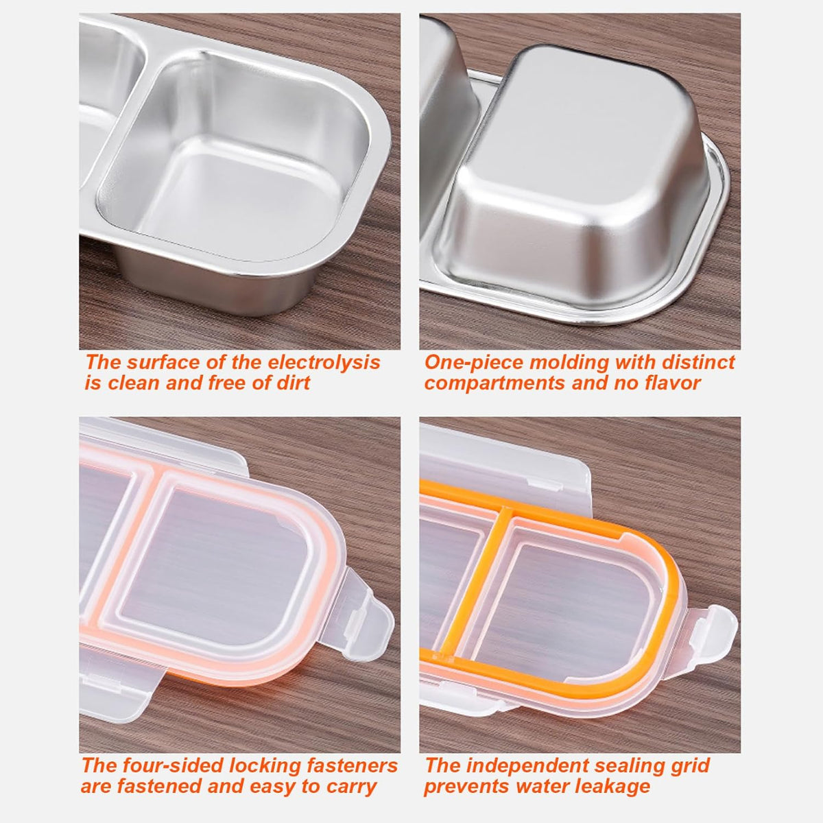 PAQUETE DE 3 PIEZAS-Recipientes de acero inoxidable para aperitivos, caja de aperitivos de 2 compartimentos, fiambrera de acero inoxidable de 26,2 x 10,4 x 4 cm con tapas a prueba de fugas para la escuela, el hogar y los viajes.