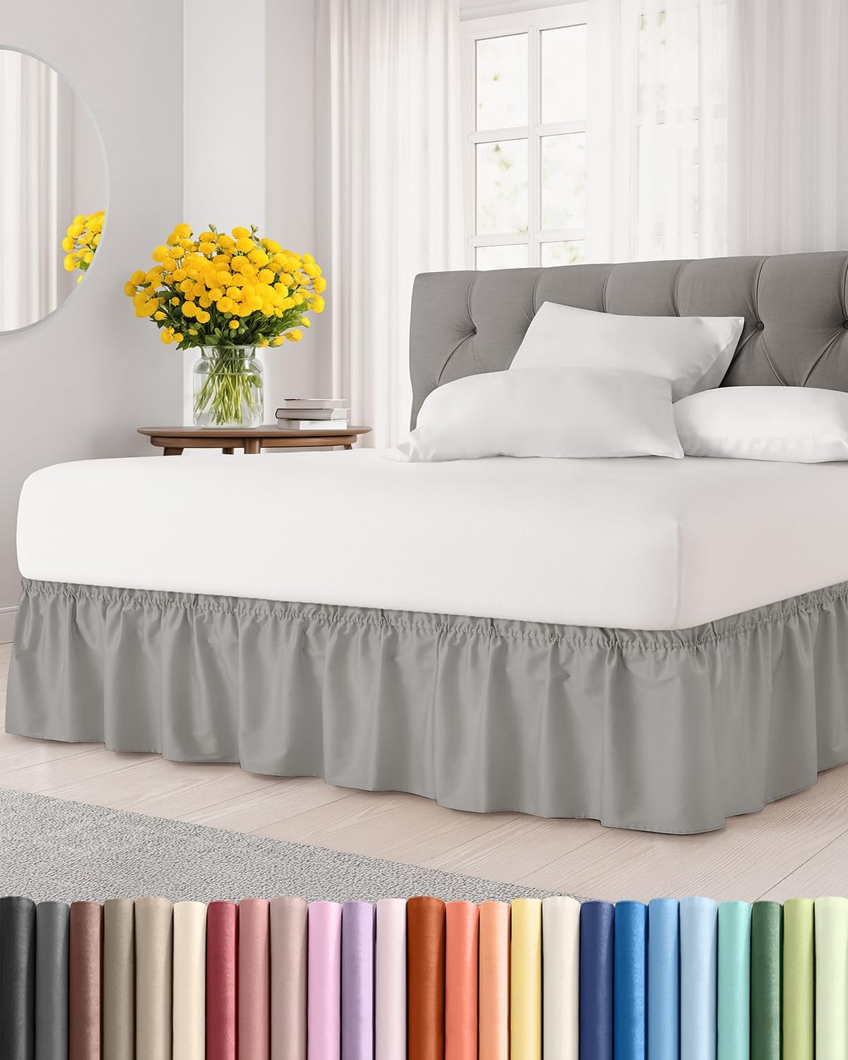 Faldón de Cama Envolvente Antipolvo | Gris Claro | Twin/Twin XL | Caída 18" | Elástico Ajustable | Tela Cepillada Antiarrugas