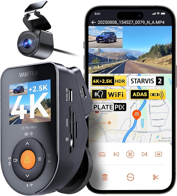 Vantrue S1 Pro Max AI Dash Cam 4K+2.5K con ADAS y BSD, doble STARVIS 2 frontal y trasera, 2 canales HDR Dashcam, visión nocturna PlatePix, WiFi 5G, control de voz, GPS, modo de estacionamiento.