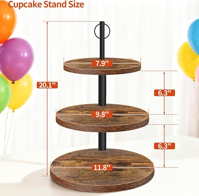 Soporte para Cupcakes de 3 Niveles – Torre de Madera Rústica para Mesa de Postres (1 Unidad)