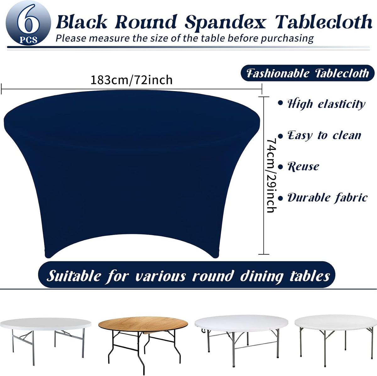 6 manteles redondos de spandex azul marino de 1.5 m (5 pies) y 1.5 m (60 pulgadas) de diámetro. Cubremesas elástico de ajuste ceñido, resistente a las arrugas y lavable. Ideal para bodas, cumpleaños, banquetes, fiestas y festivales.