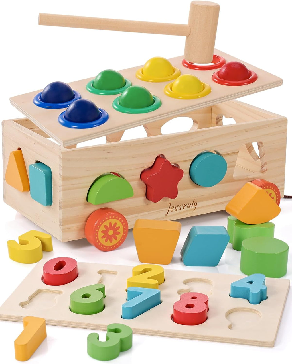 Clasificador de formas - Juego de bolas de madera y rompecabezas numérico Montessori para bebés - Juego educativo de clasificación con carrito de almacenamiento para niños pequeños 