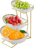Frutero Niuirt de 3 Niveles para Cocina | Canasta de Fruta de Ceramica con Base de Metal | Para Fruta, Verduras, Bocadillos, Nueces y Postres | Estiloso