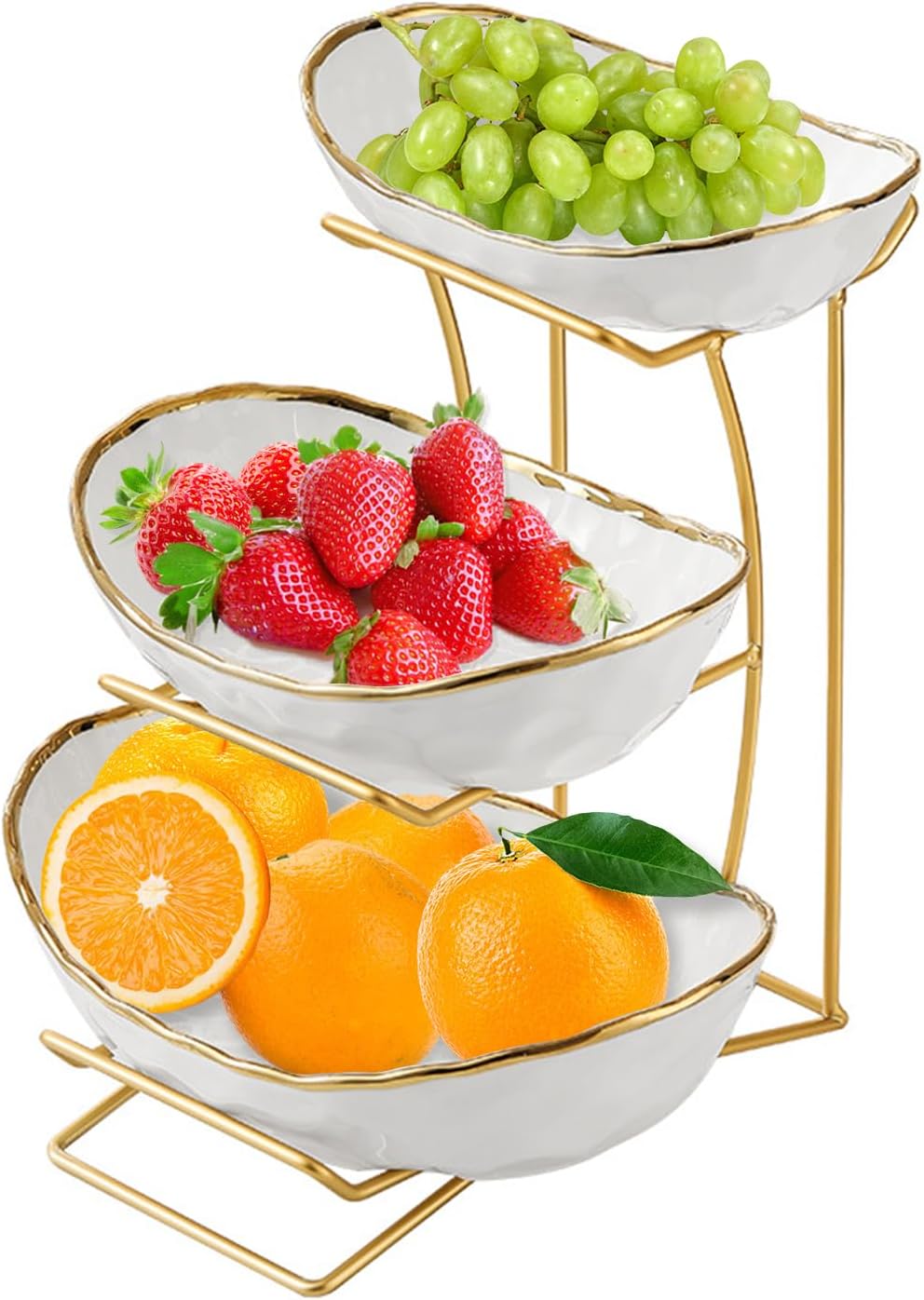 Frutero Niuirt de 3 Niveles para Cocina | Canasta de Fruta de Ceramica con Base de Metal | Para Fruta, Verduras, Bocadillos, Nueces y Postres | Estiloso