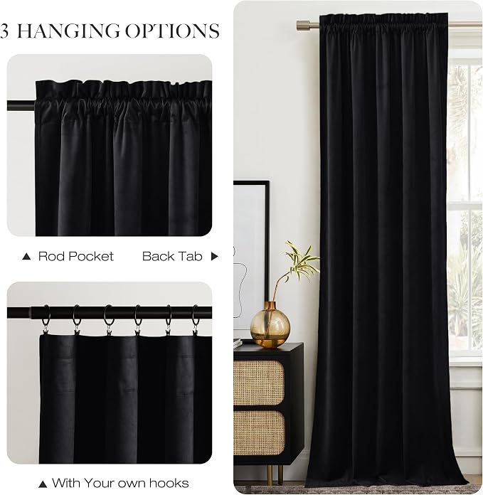 Cortinas opacas negras de 80 pulgadas de largo para dormitorio y sala de estar, cortinas con bolsillo para barra, cortinas suaves para protección de privacidad para ventanas