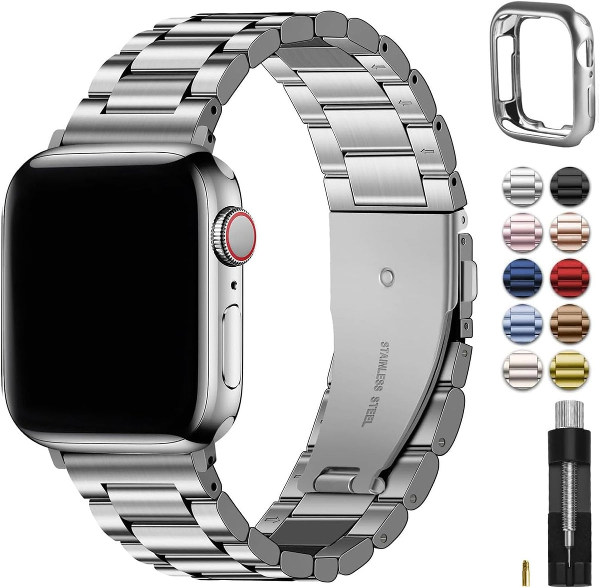 Correa metálica Fullmosa compatible con correas de Apple Watch de 45 mm, 44 mm, 42 mm, 46 mm, 49 mm, 41 mm, 40 mm y 38 mm. Correa iWatch con estuche para Apple Watch Series 11, 10, 9, 8, 7, 6, 5, 4, 3, 2, 1, SE3/2/1, Ultra3/2/1. 42 mm, 45 mm. Color plata