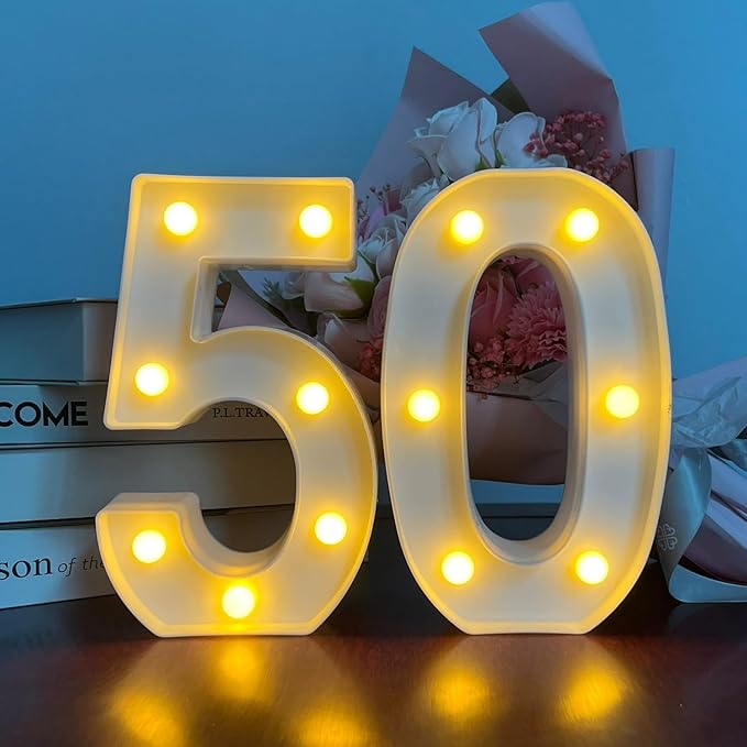 Decoración de cumpleaños número 50, luz LED para decoración de fiesta de cumpleaños, decoración de aniversario, decoración del hogar, fiesta (número 50, blanco)