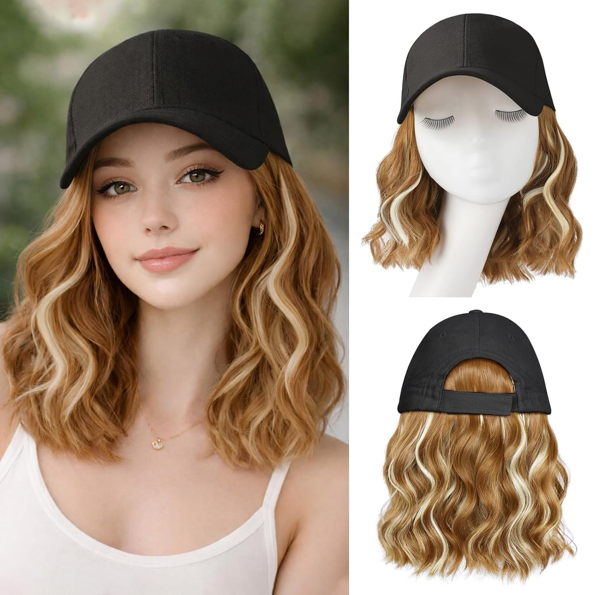 Pelucas con gorro para mujer, gorra de béisbol con extensiones de cabello, peluca sintética de onda corta con gorro de béisbol para mujer, gorro ajustable con cabello incorporado para uso diario (14 pulgadas).