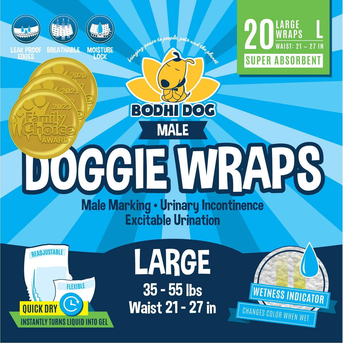 Bodhi Dog Pañales Desechables para Perro Macho | Súper Absorbentes, a Prueba de Fugas | Ajuste Ajustable con Indicador de Humedad | Grande (20 Unidades)
