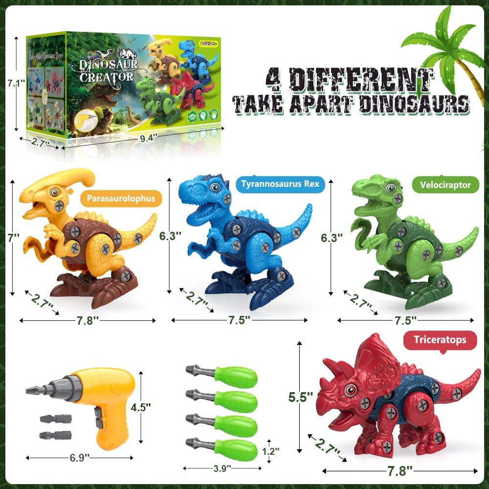 Juguetes de dinosaurio para niños de 3, 4, 5, 6, 7 años, juguetes desmontables con taladro eléctrico para niños, juguete educativo de construcción STEM, regalo ideal de cumpleaños, Navidad, Pascua