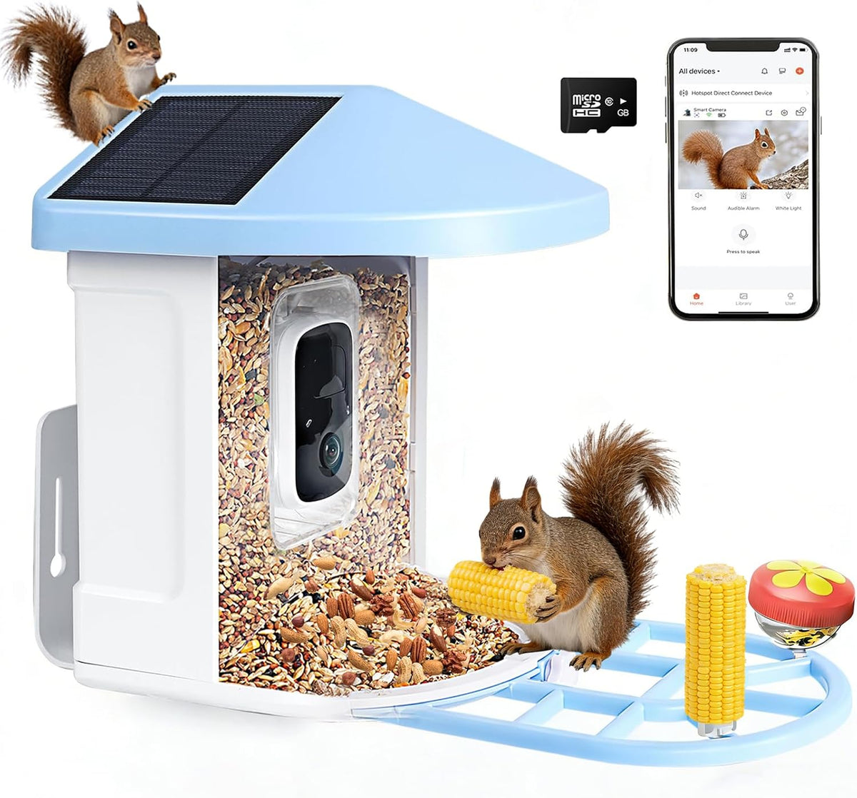 Comedero de Ardillas con Cámara Solar 1080P HD – Alimentador de Pájaros con IA Identificador de Especies, Captura Automática, Tarjeta SD 64GB Incluida