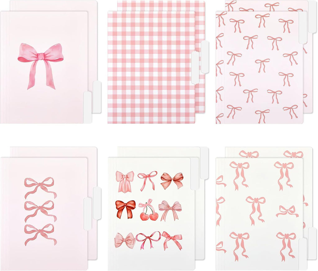 Yaomiao 12 carpetas de archivo Coquette Pink Bow, organizador de archivos decorativo a cuadros con lazo tamaño carta con pestaña de corte de 1/3, lindo y bonito portadocumentos para oficina, hogar, estudio, regalos de cumpleaños, 8.5 x 11 pulgadas