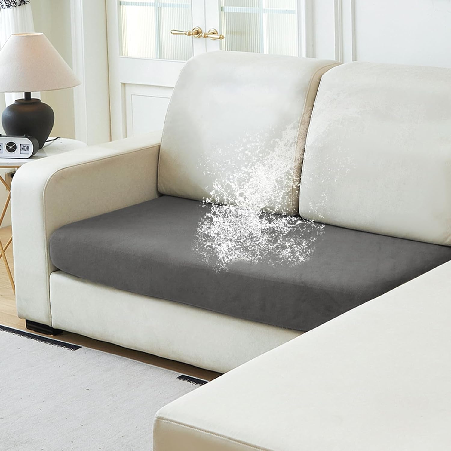 NAISI Waterproof Couch Cushion Covers Thick Velvet Fabric Washable Sofa Slipcovers 1 Piece Individual Sectional Couch Covers with Elastic Bottom(1 PC for 2-Seat Cushion or Loveseat,Grey)