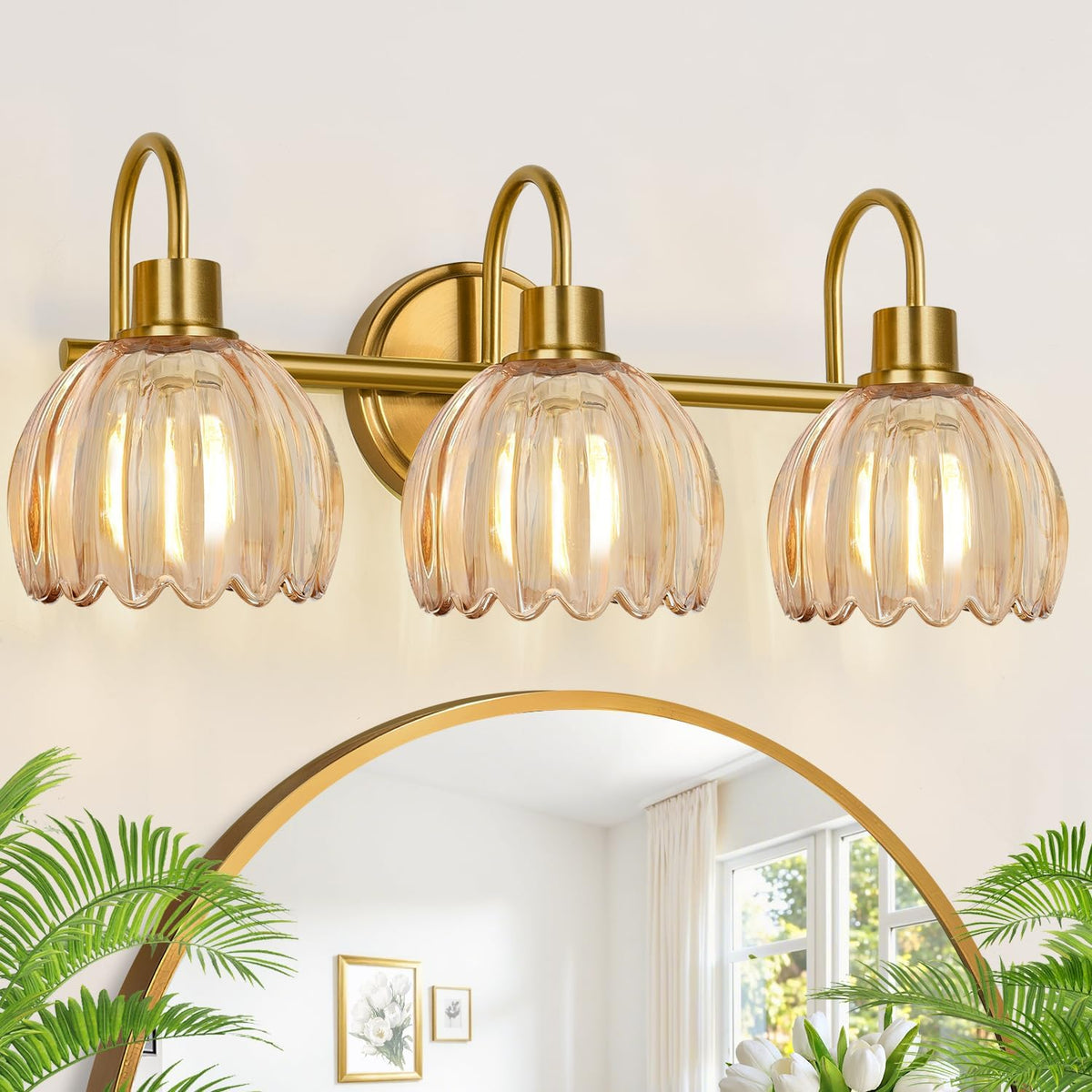 Lámpara de Baño 3 Luces Oro Cepillado con Vidrio Ámbar Acanalado, 20 Pulgadas