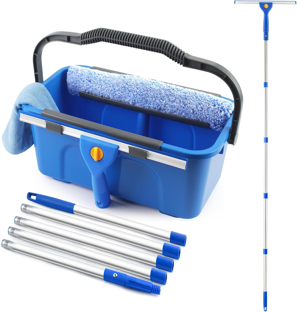 Kit profesional de limpieza de ventanas con cubo de 3 galones, rasqueta de mango largo de 76" y estropajo de microfibra, equipo de lavado de ventanas altas, herramienta de limpieza de ventanas para uso comercial, doméstico, exterior y automotriz.