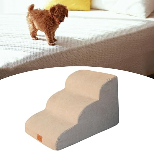 Escalera para perros con funda extraíble, esponja de alta densidad para gatos y gatitos, para el hogar, la cama y el coche, 3 peldaños, color beige