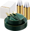 Juego de vajilla de plástico verde y dorado de 175 piezas, platos desechables dorados para fiestas, incluye 50 platos verdes con 75 cubiertos de plástico, 25 servilletas y 25 vasos.