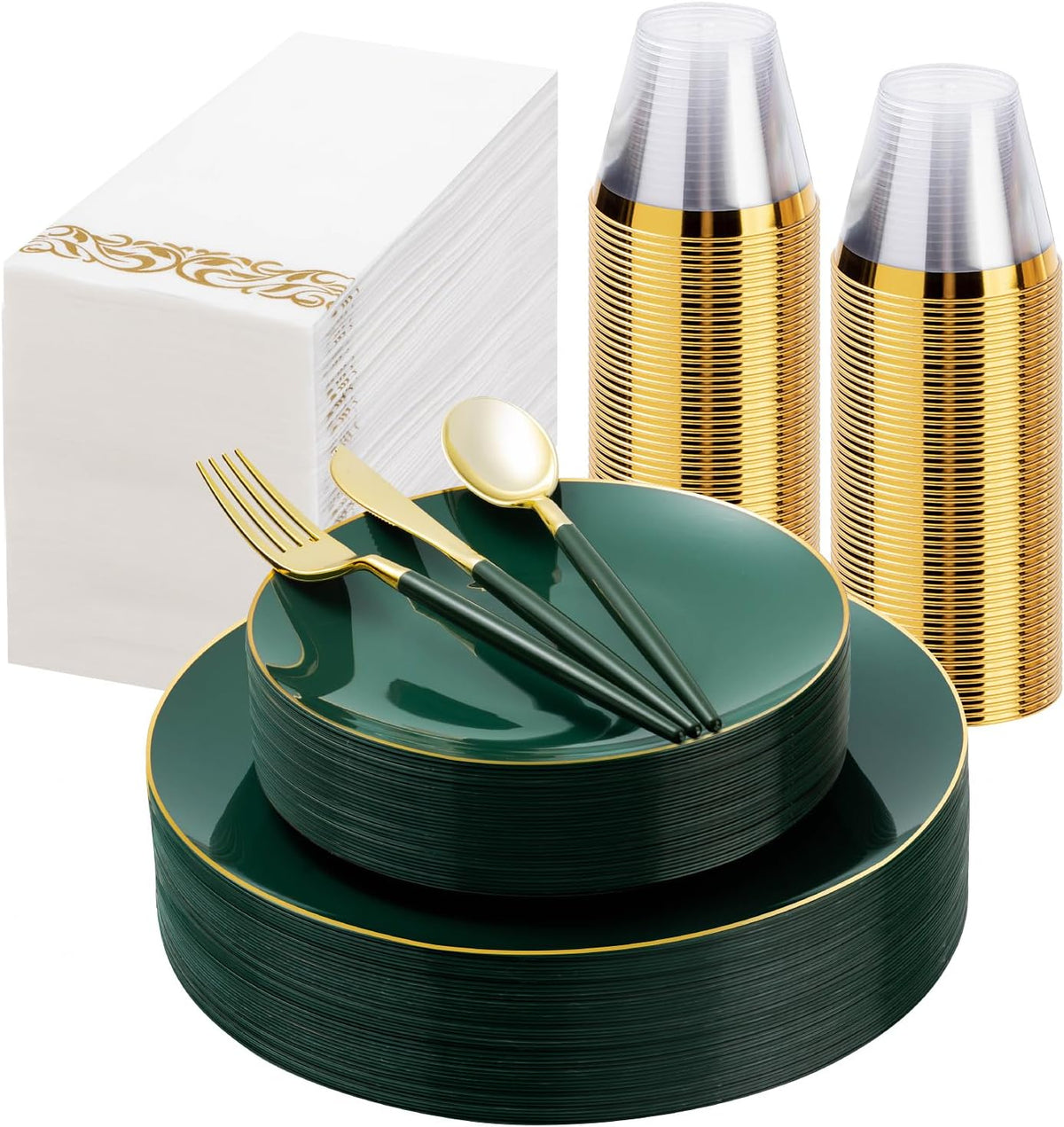 Juego de vajilla de plástico verde y dorado de 175 piezas, platos desechables dorados para fiestas, incluye 50 platos verdes con 75 cubiertos de plástico, 25 servilletas y 25 vasos.