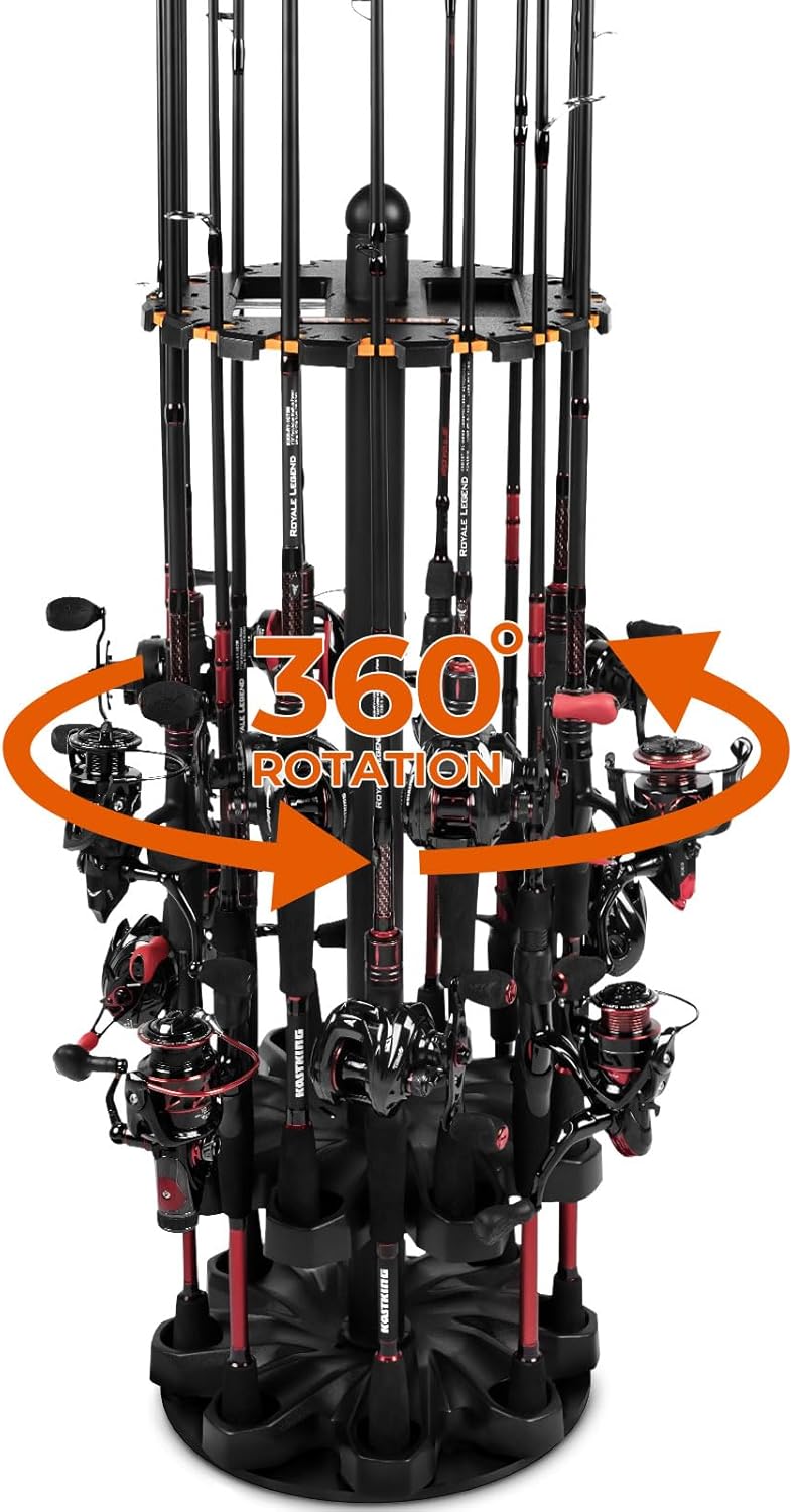 Porta Cañas Giratorio KastKing V16 para Garaje | Soporte de Piso hasta 16 Cañas y Combos | Organizador Ahorra Espacio con Espuma, ABS Duradero | Regalo de Pesca para Hombres