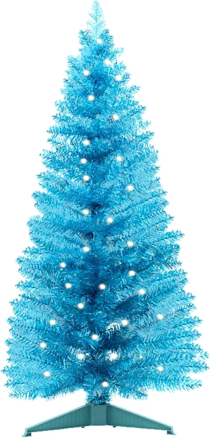 Árbol de Navidad Artificial Azul 4ft con Luces LED – Para Espacios Pequeños, Oficina y Decoración Navideña
