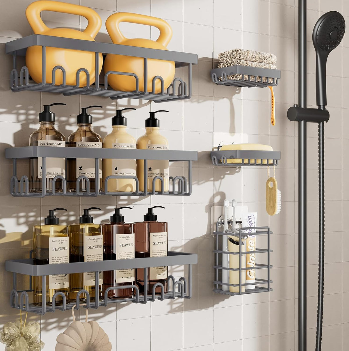 Veken Pack de 6 organizadores de ducha inoxidables e impermeables, estantes adhesivos, gran capacidad para baño, dormitorios universitarios y apartamentos, montaje en pared sin taladrar, decoración para sala de estar y dormitorio, gris claro