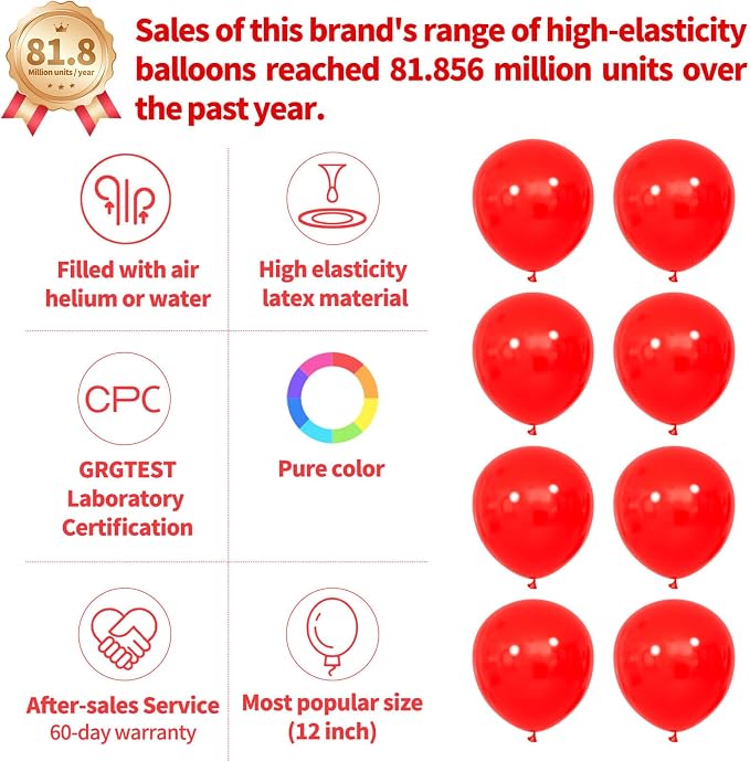Set de 100 Globos Rojos de Látex 12" KUULBELA + 1 Cinta | Cumpleaños, San Valentín y Bodas