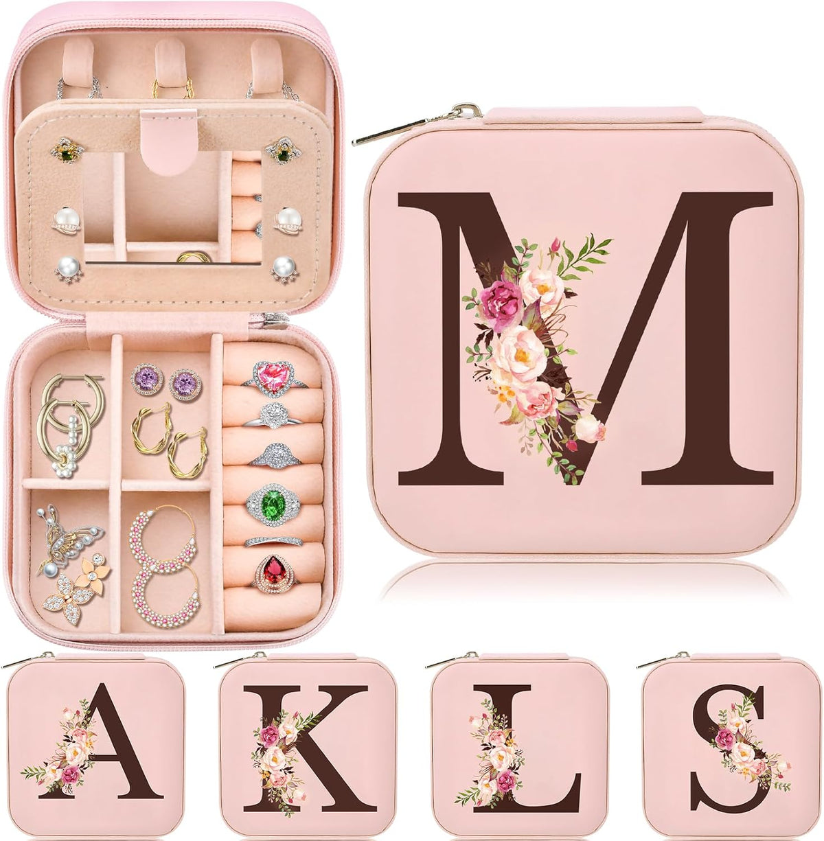 Inngeroo Estuche Organizador de Joyas de Viaje Inicial M — Regalo Personalizado para Mujeres, Mamá, Hermana, Amiga