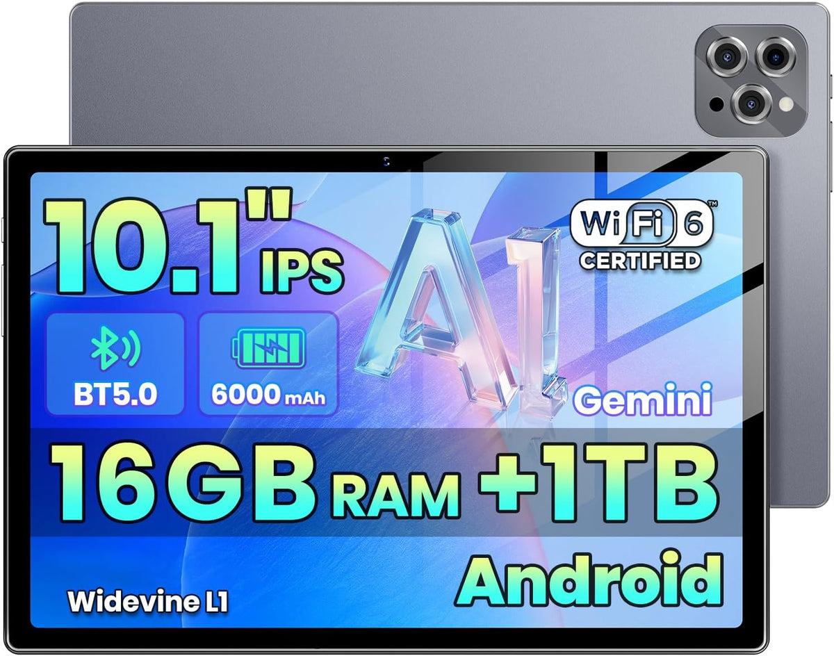 Tablet Android 15 2026 Gemini AI, 16GB+1TB Expandible, 25.7 cm, Octa-Core, Cámara Dual, WiFi6, 6000mAh, Split Screen, Trabajo Familia, Gris