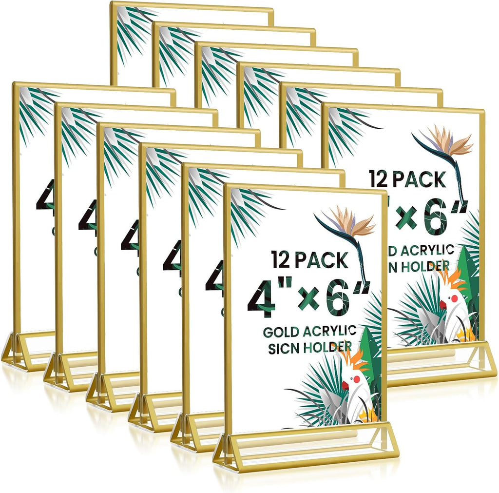 USADO Porta Señales de Acrílico 8.5x11 Pack de 9 | Soporte Transparente de Doble Cara con Base Dorada | Display Vertical de Escritorio para Menús y Volantes
