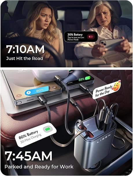 LISEN - Cargador retráctil para automóvil, adaptador de cargador de automóvil USB C de 69 W, carga rápida para iPhone 16, 15, 14, 13, 12, Samsung, gris