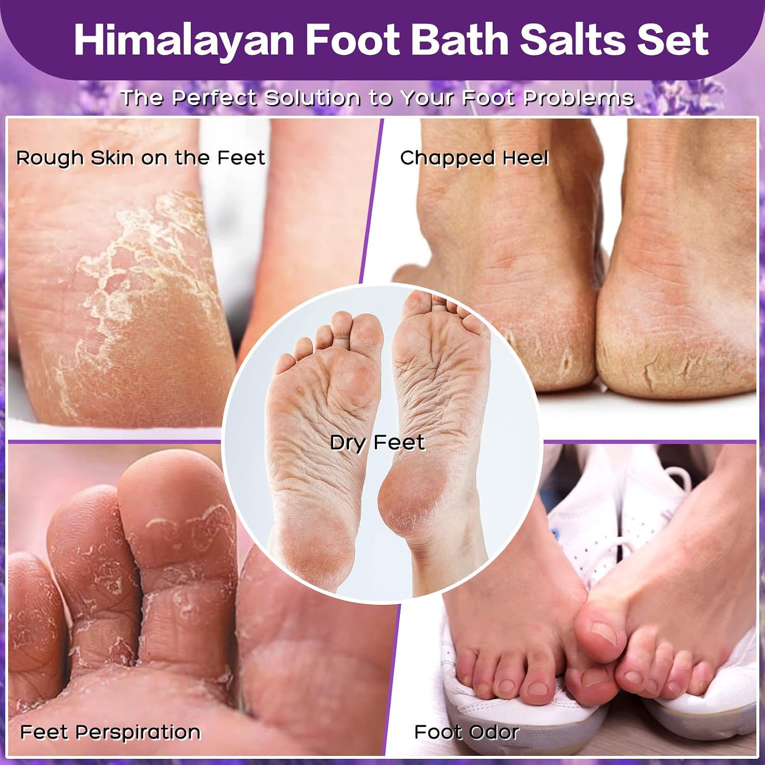 XIWEIOO Kit Sales para Baño de Pies 4 Pack 56 oz | Sal Himalaya, Lavanda, Naranja, Rosa | Aceite de Árbol de Té | Pedicura y Cuidado de Pies