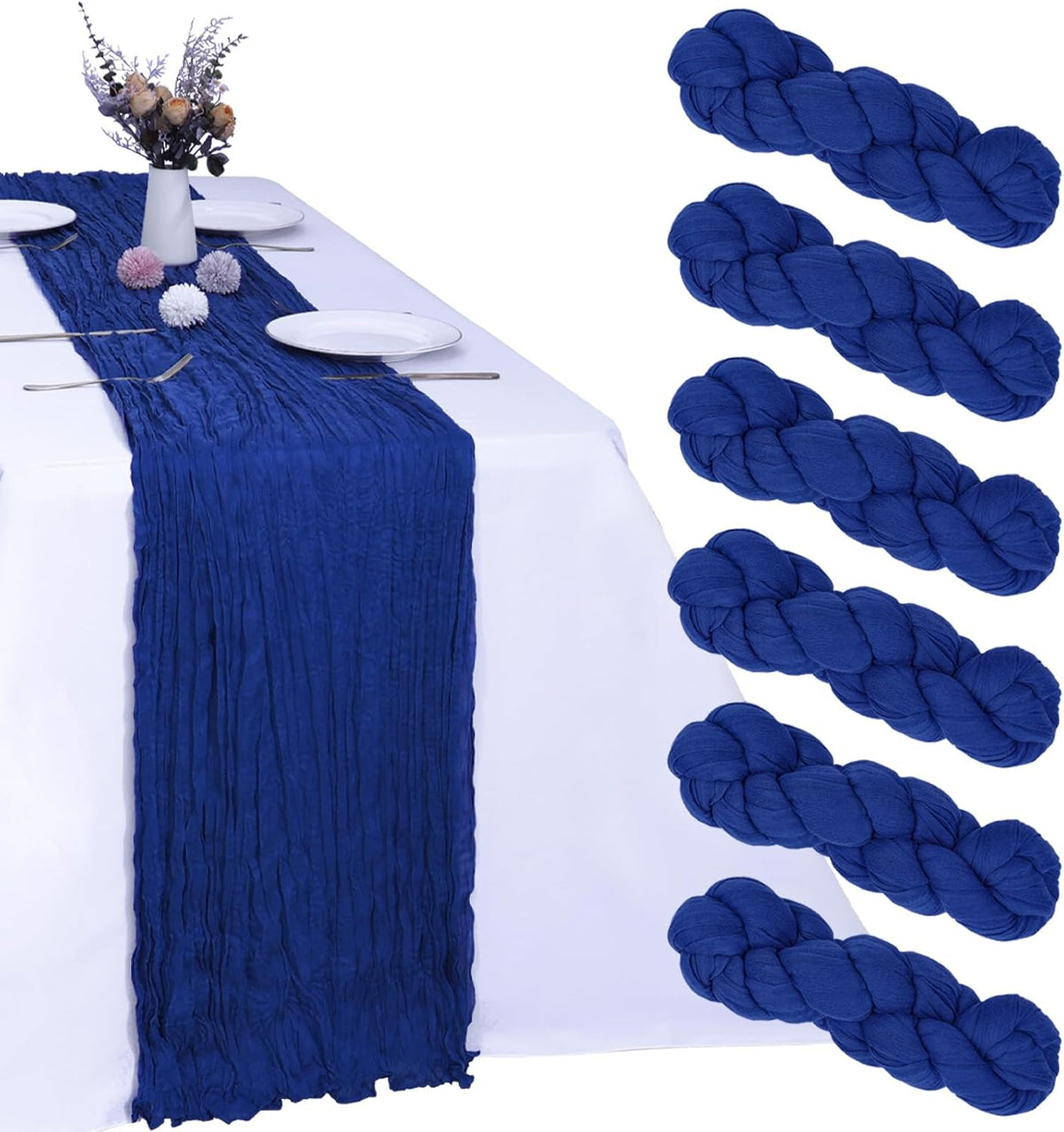 RestfulGlow Paquete de 6 Caminos de Mesa de Gasa Azul Real de 3 metros (10 pies) de tela de gasa estilo bohemio, 89 x 305 cm (35 x 120 pulgadas), estilo rústico y transparente, ideal para decoración de bodas, baby showers y fiestas.