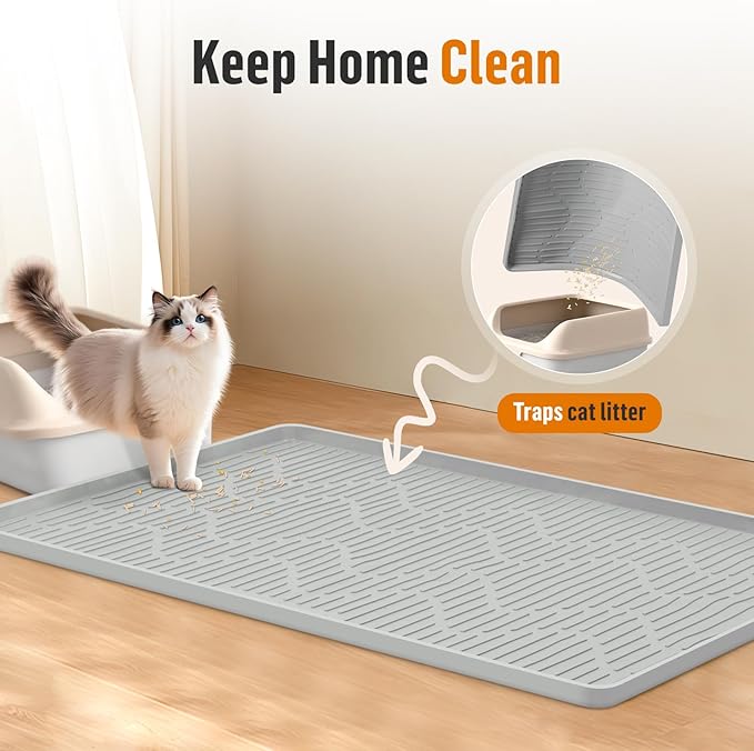 Tapete de silicona para arena para gatos, extra grande, tapete para atrapar arena para control de dispersión, impermeable, suave para patas de gatito, suelo limpio (gris)