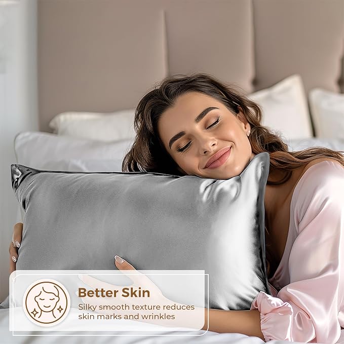 Paquete de 2 fundas de almohada de satén, tamaño Queen (20 x 30 pulgadas, gris), fundas de almohada sedosas para cabello y piel, fundas de almohada de satén con cierre de sobre, microfibra extra suave de alta calidad