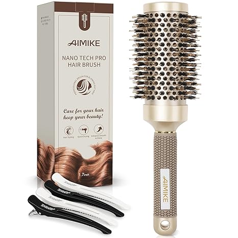 AIMIKE Cepillo Redondo Cerámico Iónico 1.7" – Secado, Rizado y Brillo con Cerdas de Jabalí